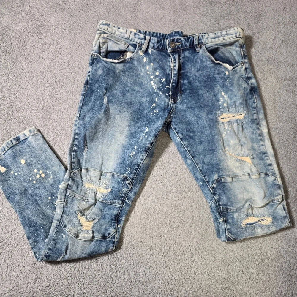 Smoke Rise Mens 38x32 Moto Jeans Blue Acid Wash Paint Splatter Distressed Biker